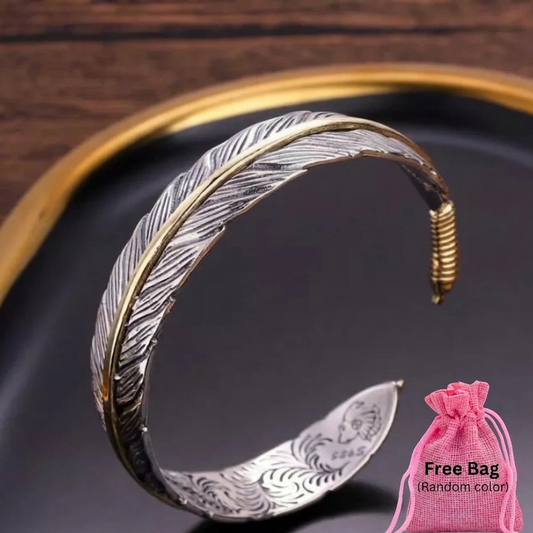 Vintage One Piece Feather Bracelet, Silver with Gold Line KK Labib