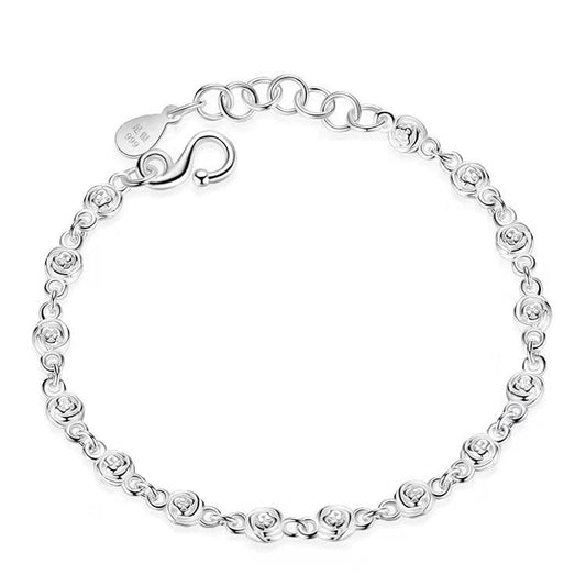 925 Sterling Silver Little Roses Linked Charm Women Bracelet Jewelry Gifts