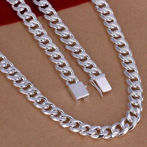 Solid Sterling Silver Curb Link Chain Necklace Bracelet 10mm Mens Women Jewelry