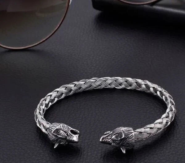 Wolf Head Braided Cuff Bangle