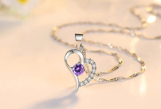 925 Silver Sterling Cubic Zarconia White/Purple Heart Necklace Valentines Gift