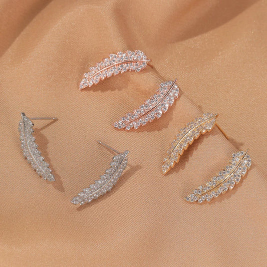 Cubic Zircon Crystal Leaf Stud Earrings Silver Gold Women Girl Jewellery Gift UK