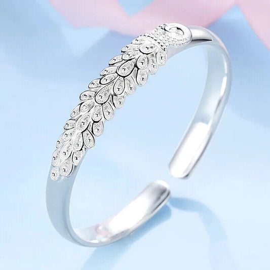 925 Sterling Silver Open Bangle Peacock Cuff Bracelet Women Men's Charm Jewelry