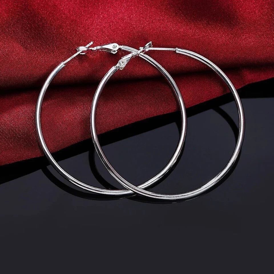 Silver Large Round Hollow Hoop Earrings