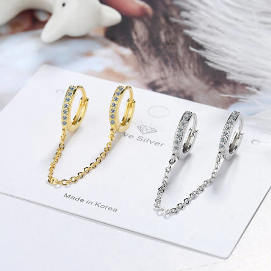 925 Silver Double Hoop Huggie Rhinestone Crystal with Chain Drop Dangle Earring