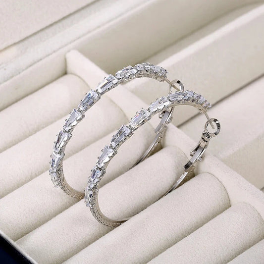 925 Sterling Silver Zircon Crystal Round Large Hoop Earrings Women Gift Jewelry