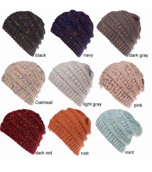Womens Beanie Ponytail Hat Messy Bun Knitted Plain Soft Colour Ribbed Winter Cap