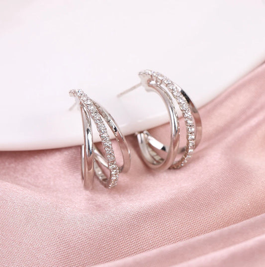 925 Sterling Silver Crystal Multi-Layer Rhinestone Earrings Women Jewellery