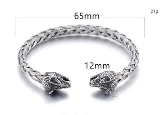 Wolf Head Braided Cuff Bangle