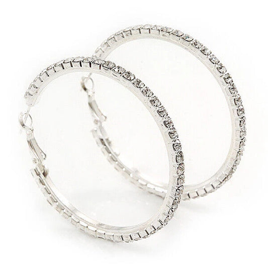 Large Diamante Clear Crystal Hoop Earrings In Rhodium Plating - 10cm Diamete