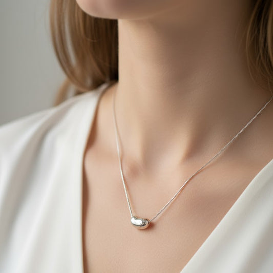 925 Sterling Silver Cute Oval Bean Pendant Chain Necklace Women Gifts Jewelry