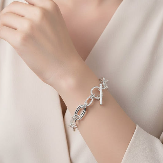 Solid 925 Sterling Silver Double Chain Bangle Bracelets Women's Jewelry