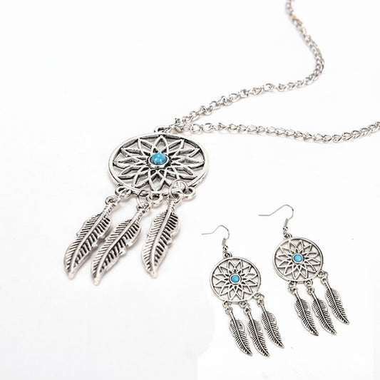 Dreamcatcher Leaves Feather Necklace & Earring Jewelry Set