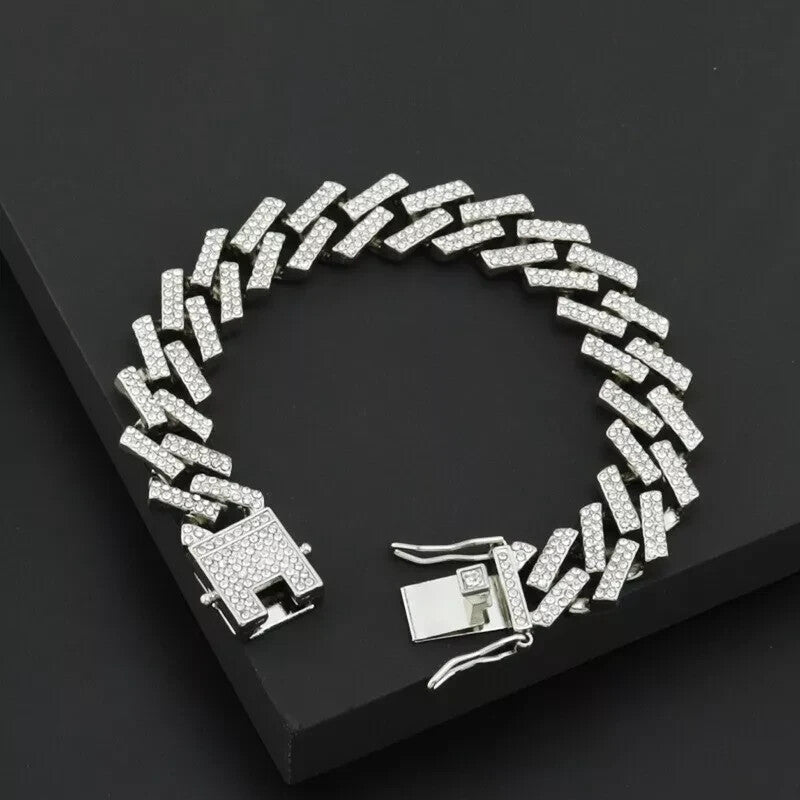 Punk Hip Hop Iced Zircon Miami 13mm Cuban Link Chain Bracelet For Men Women Gift