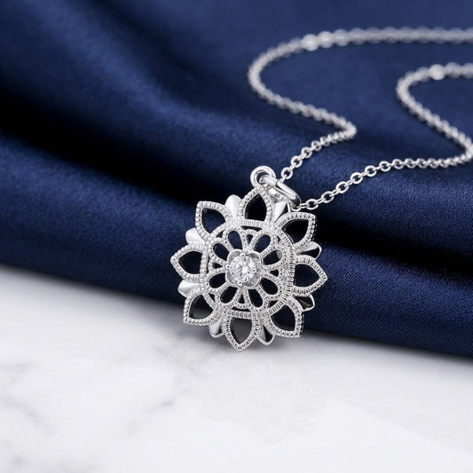 Silver Zircon Flower Pendant Necklace KK Labib