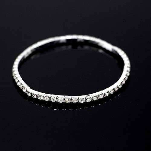 Silver Cubic Zirconia Bracelet Stretch Adorned Tennis Elastic Bangle Bridal Gift