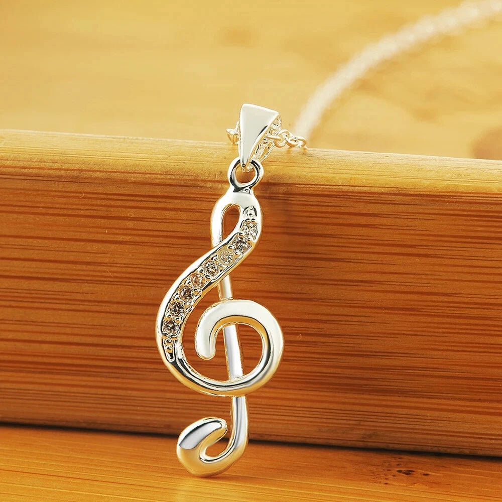 925 Sterling Silver Necklace Crystal Elegant Musical Note Pendant For Women