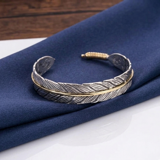 Vintage One Piece Feather Bracelet, Silver with Gold Line KK Labib