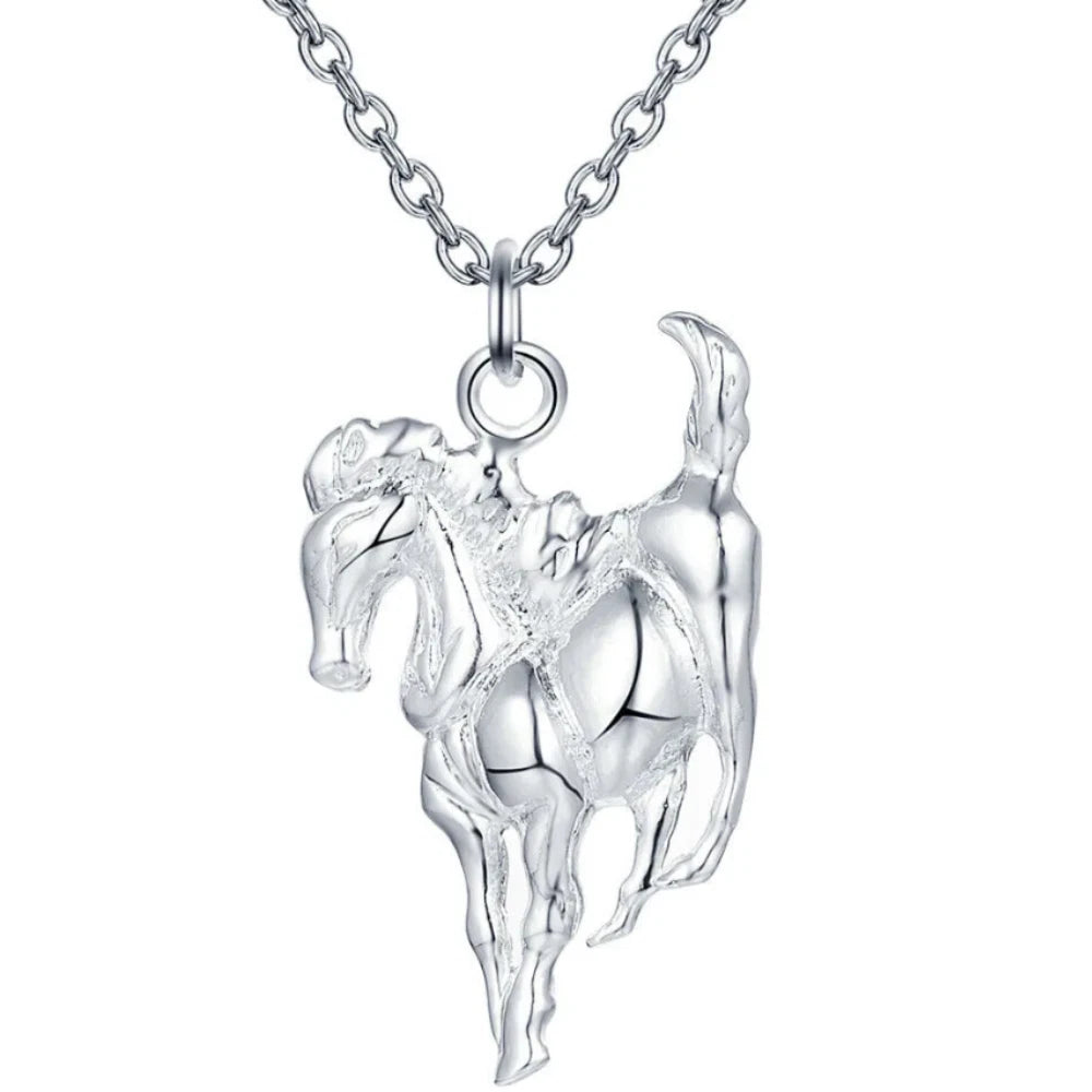 Hot 925 Sterling Silver Horse Filled Pendant Necklace Men Women jewelry Chain Uk