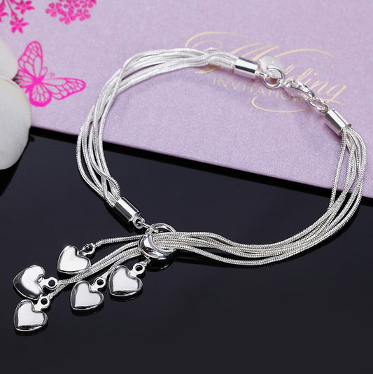 925 Sterling Silver Shiny Snake Chain Bracelets Necklace Hanging Hearts Women UK