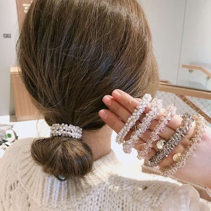 Crystal Pearl Elastic Rope Beaded Ponytail Holder Hair Band Ties Scrunchies Gift
