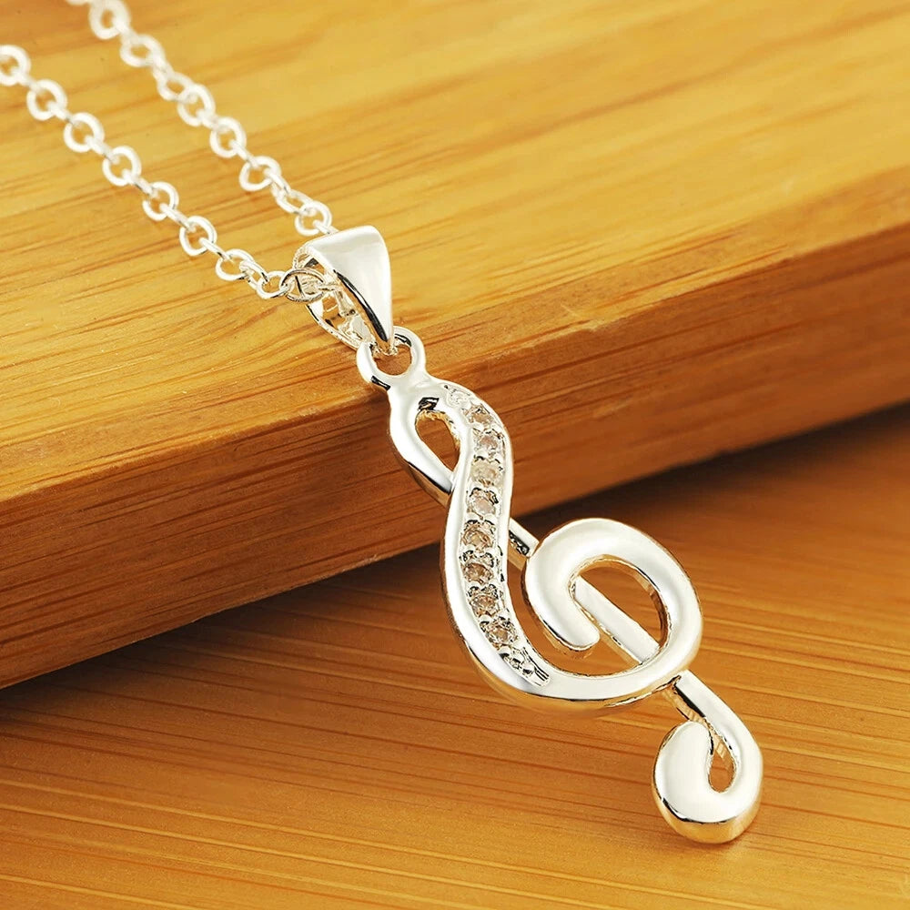 925 Sterling Silver Necklace Crystal Elegant Musical Note Pendant For Women