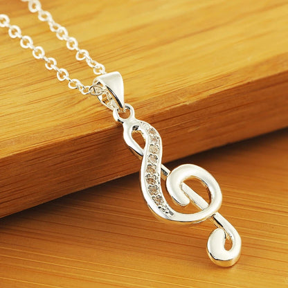 925 Sterling Silver Necklace Crystal Elegant Musical Note Pendant For Women