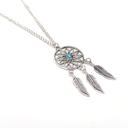 Bohemian Dreamcatcher Leaves Feather Pendant Necklace Tassel Earring Jewelry Set