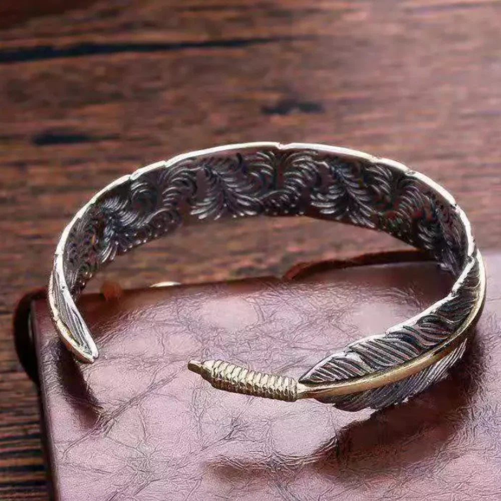 Vintage One Piece Feather Bracelet, Silver with Gold Line KK Labib