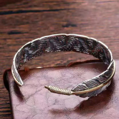 Vintage One Piece Feather Bracelet, Silver with Gold Line KK Labib