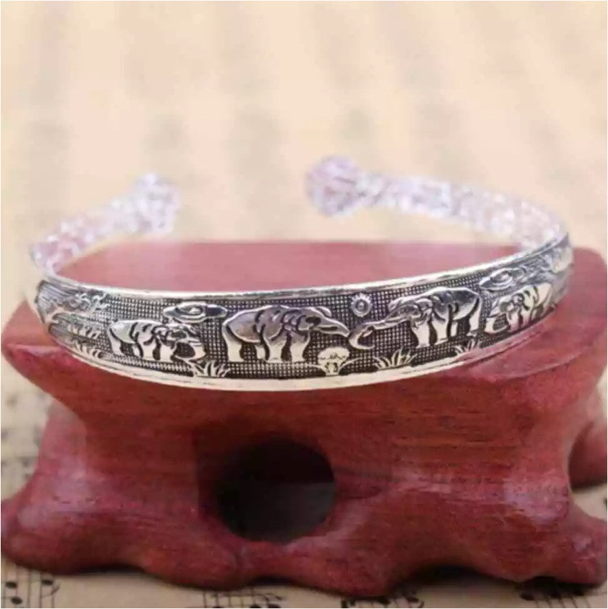 Elephant Tibetan Tibet Silver Totem Bangle 925 Sterling Silver Vintage Cuff UK
