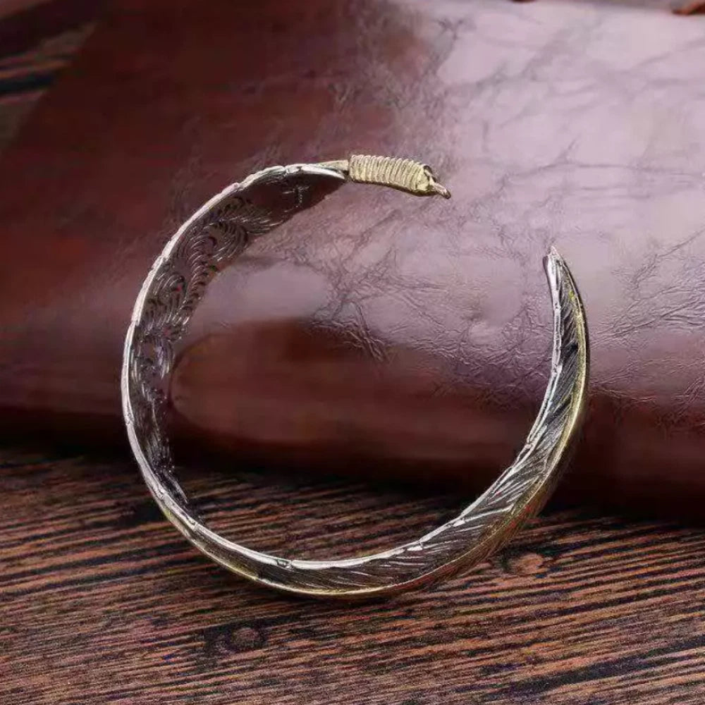 Vintage One Piece Feather Bracelet, Silver with Gold Line KK Labib