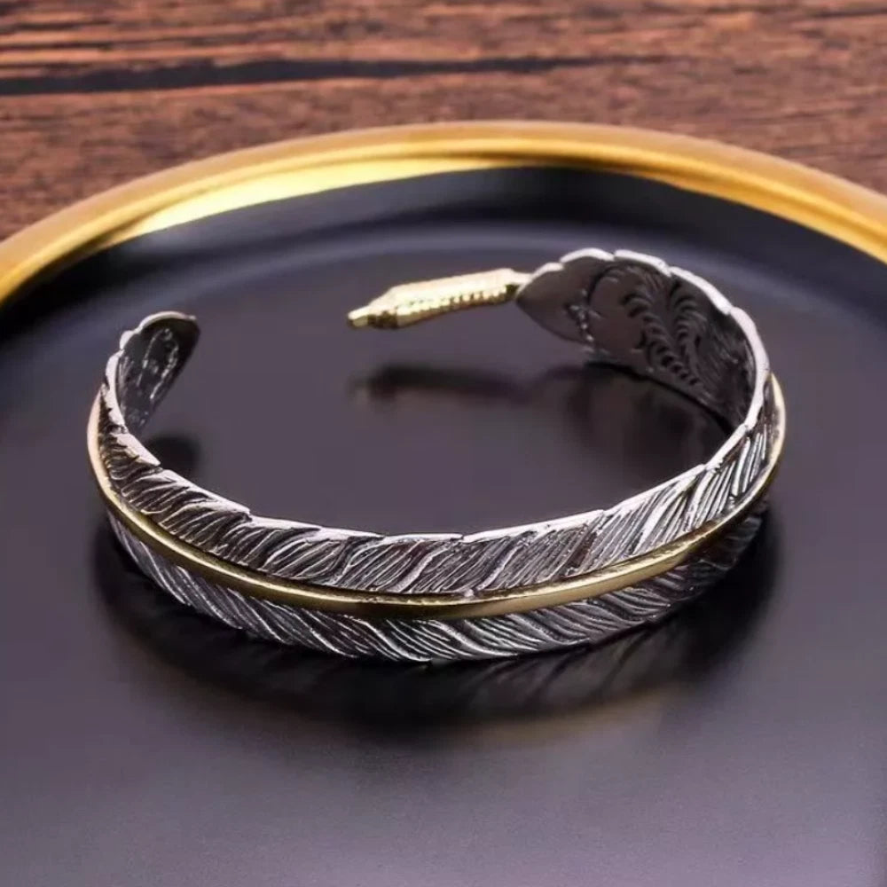 Vintage One Piece Feather Bracelet, Silver with Gold Line KK Labib