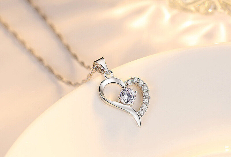 925 Silver Sterling  Cubic Zarconia White/Purple Heart Necklace Valentines Gift