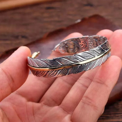 Vintage One Piece Feather Bracelet, Silver with Gold Line KK Labib
