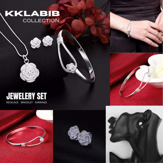 925 Sterling Silver Charm Flower Jewelry Set of 3 Necklace Earring Bangle Women