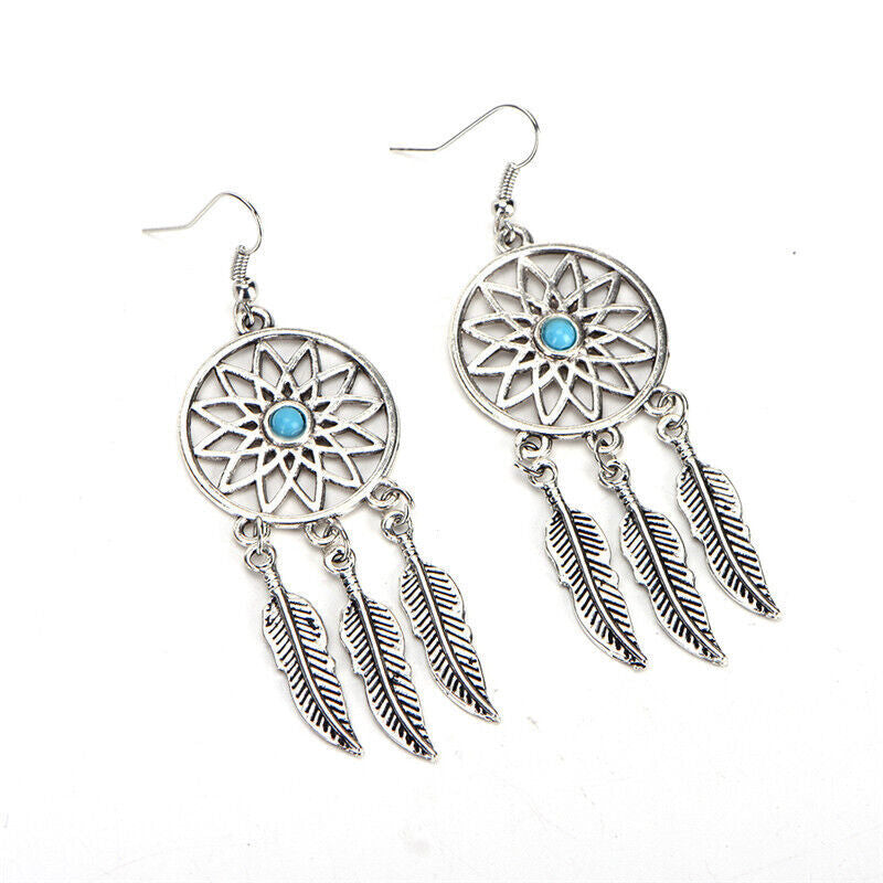 Dreamcatcher Leaves Feather Necklace & Earring Jewelry Set