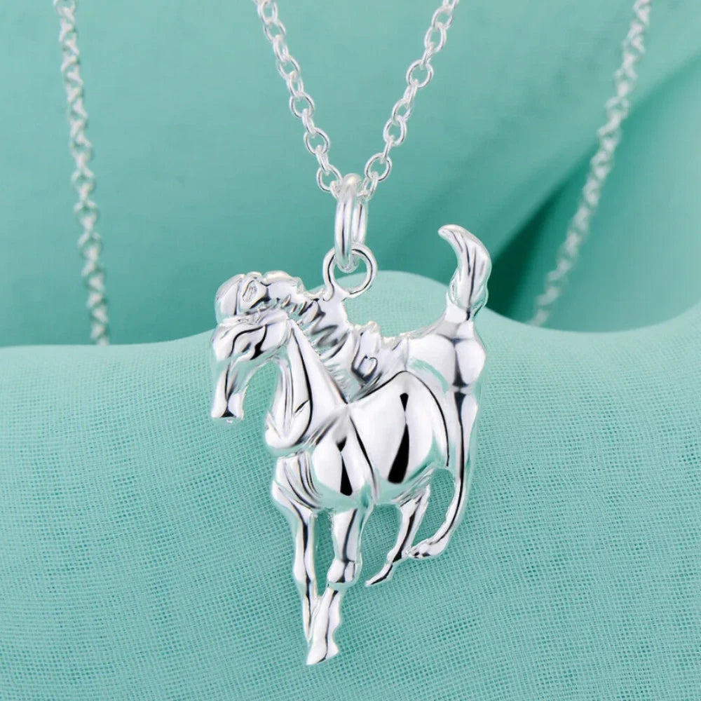 Hot 925 Sterling Silver Horse Filled Pendant Necklace Men Women jewelry Chain Uk
