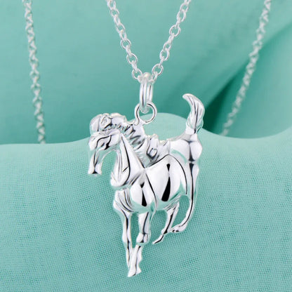 Hot 925 Sterling Silver Horse Filled Pendant Necklace Men Women jewelry Chain Uk
