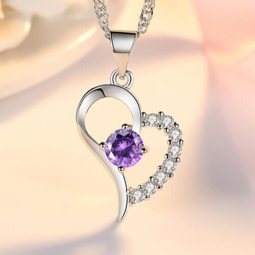 925 Silver Sterling  Cubic Zarconia White/Purple Heart Necklace Valentines Gift