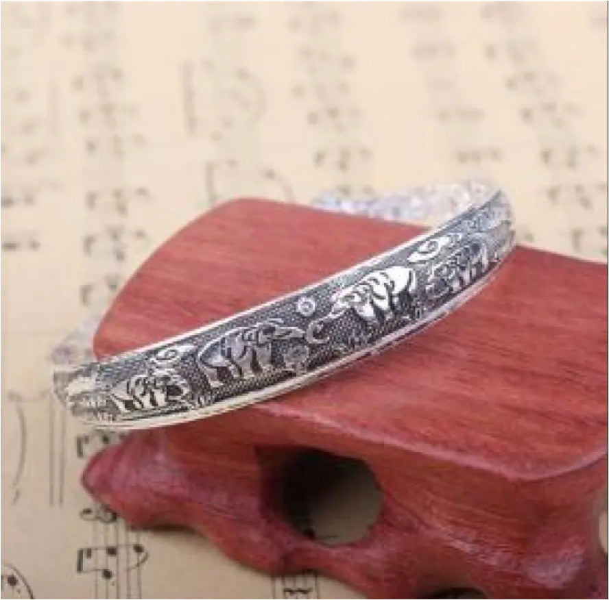 Elephant Tibetan Tibet Silver Totem Bangle 925 Sterling Silver Vintage Cuff UK