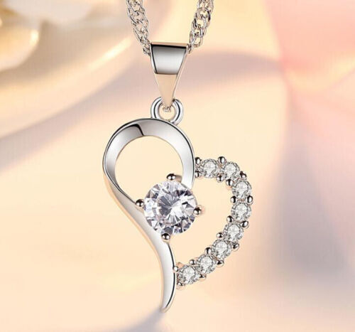 925 Silver Sterling  Cubic Zarconia White/Purple Heart Necklace Valentines Gift