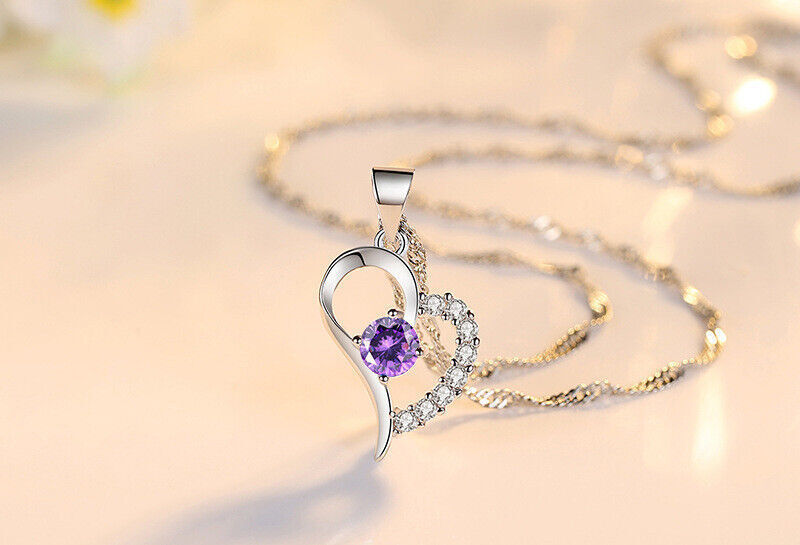 925 Silver Sterling  Cubic Zarconia White/Purple Heart Necklace Valentines Gift