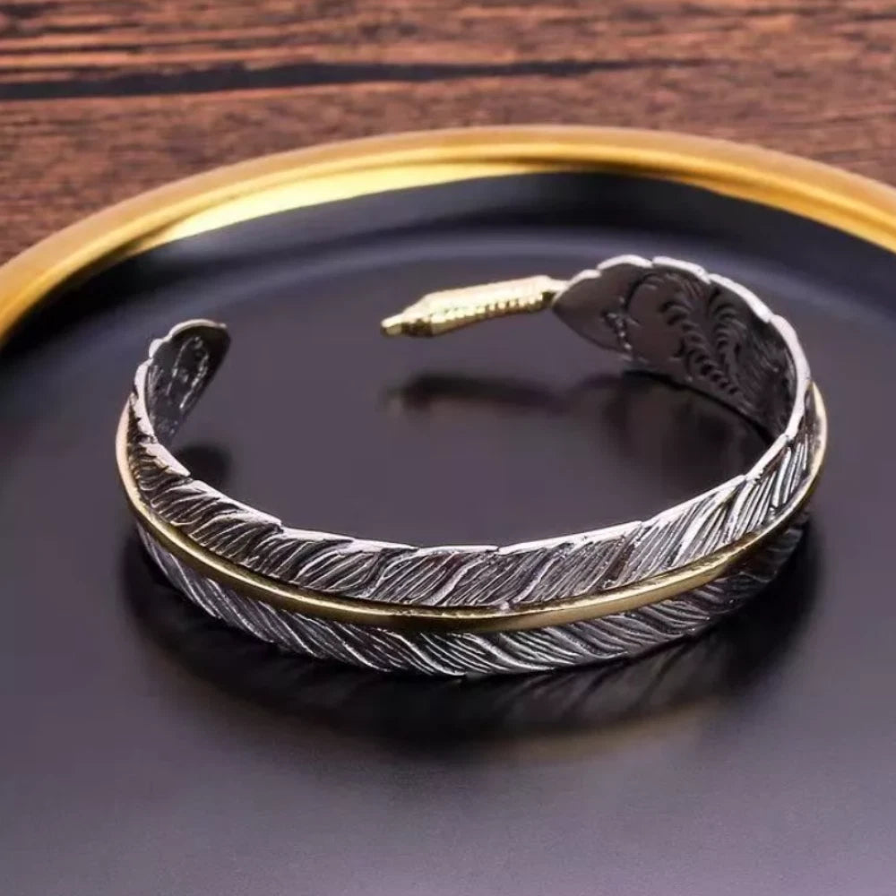 Vintage One Piece Feather Bracelet, Silver with Gold Line KK Labib