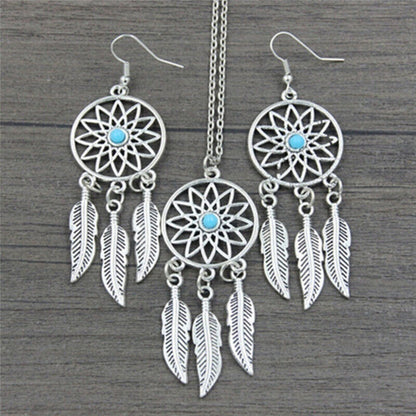 Dreamcatcher Leaves Feather Necklace & Earring Jewelry Set