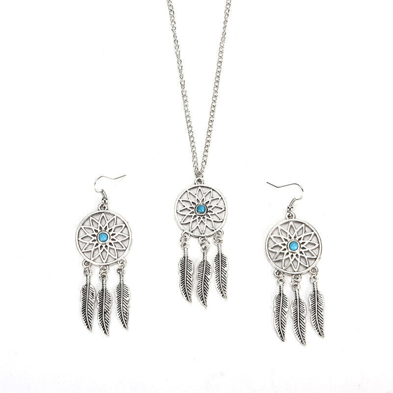 Dreamcatcher Leaves Feather Necklace & Earring Jewelry Set