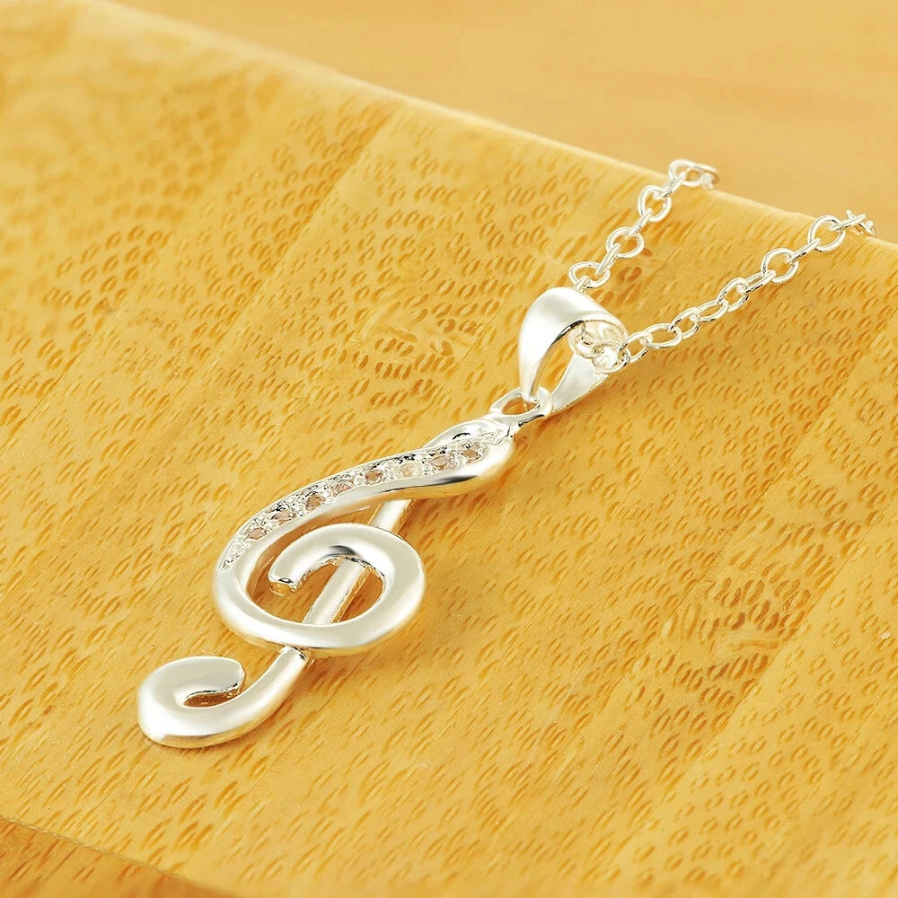 925 Sterling Silver Necklace Crystal Elegant Musical Note Pendant For Women
