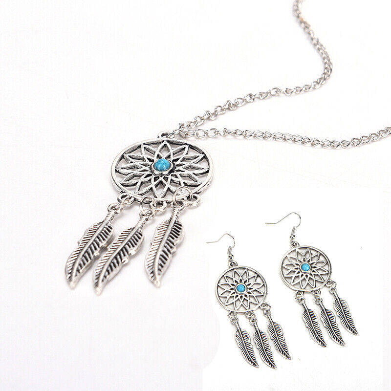 Dreamcatcher Leaves Feather Necklace & Earring Jewelry Set