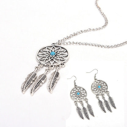 Dreamcatcher Leaves Feather Necklace & Earring Jewelry Set