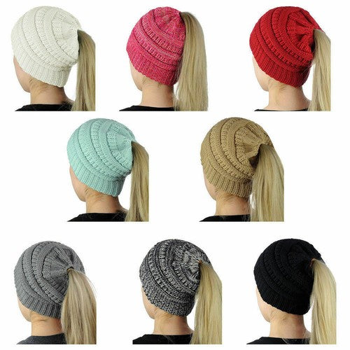 Womens Beanie Ponytail Hat Messy Bun Knitted Plain Soft Colour Ribbed Winter Cap